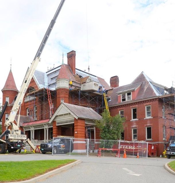 Rodd Roofing crews working on a commercial roof repair at St. Johnsbury Academy in Vermont.