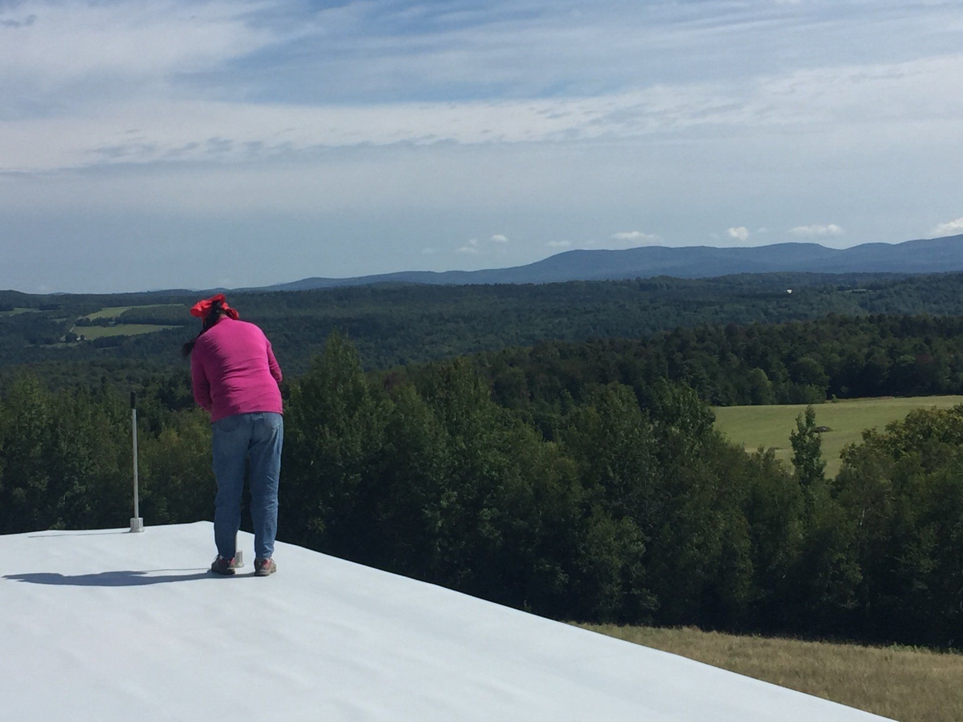A woman in a pink shirt is standing on a white roof overlooking a forest.