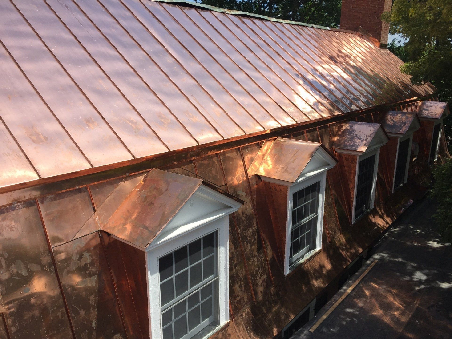 A copper roof on a commercial budling