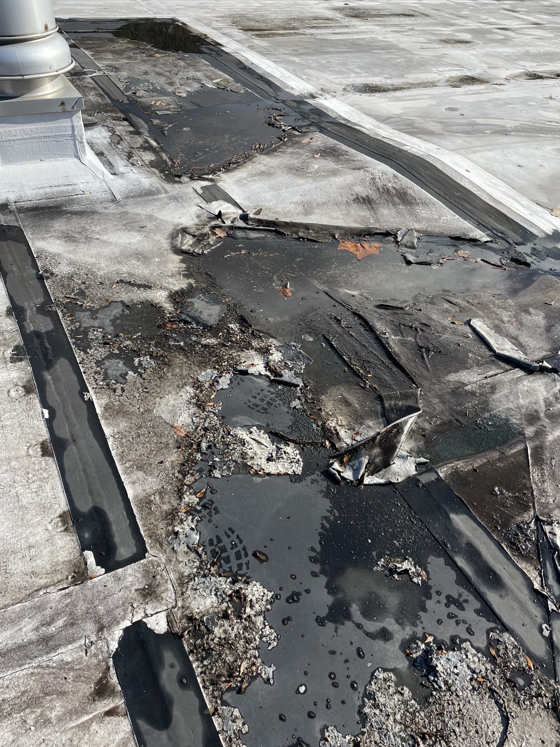 Damaged commercial roofing material on a Rodd Roofing commercial roof project  