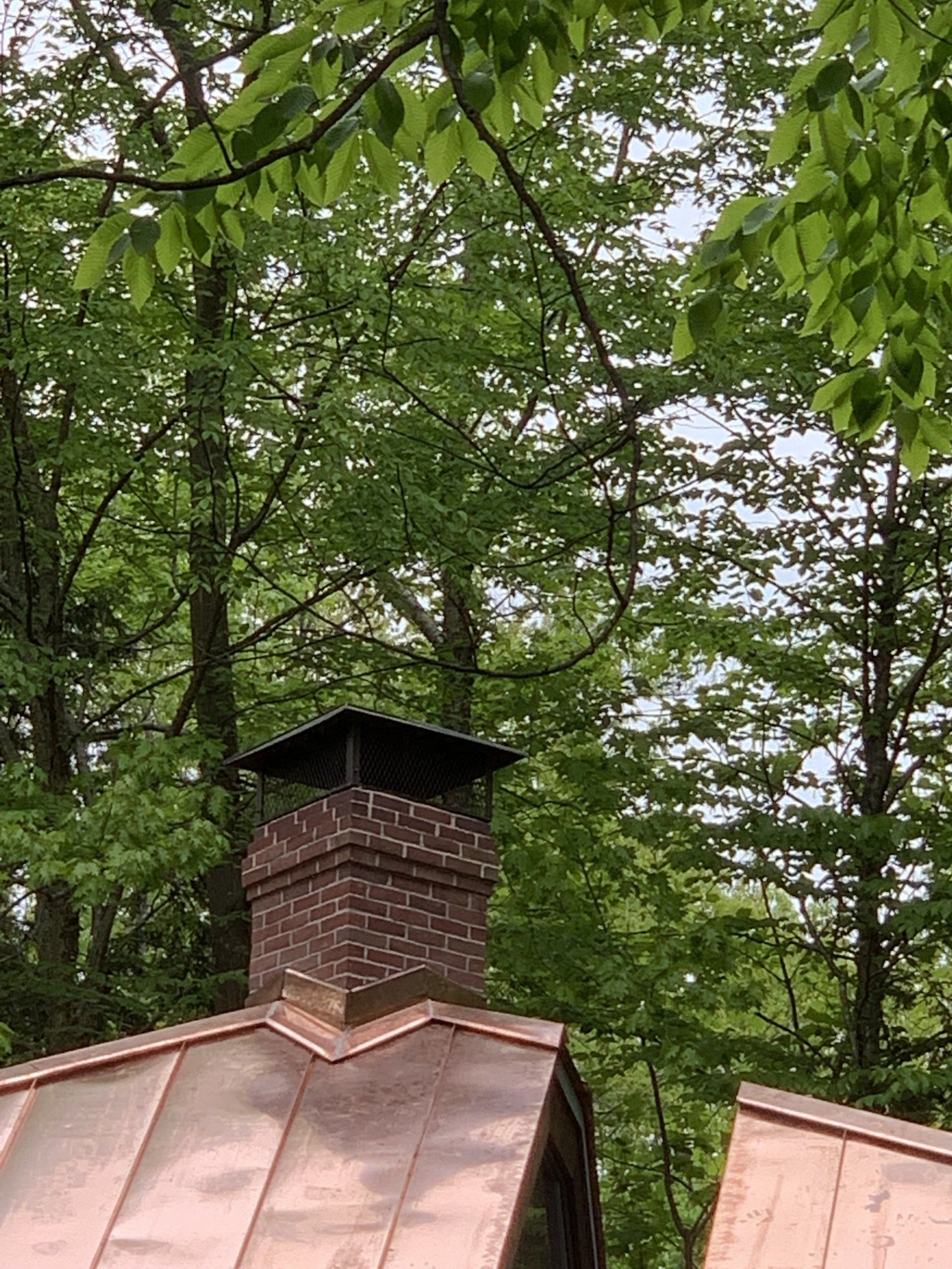 A brick chimney on top of a copper roof with trees in the background.
