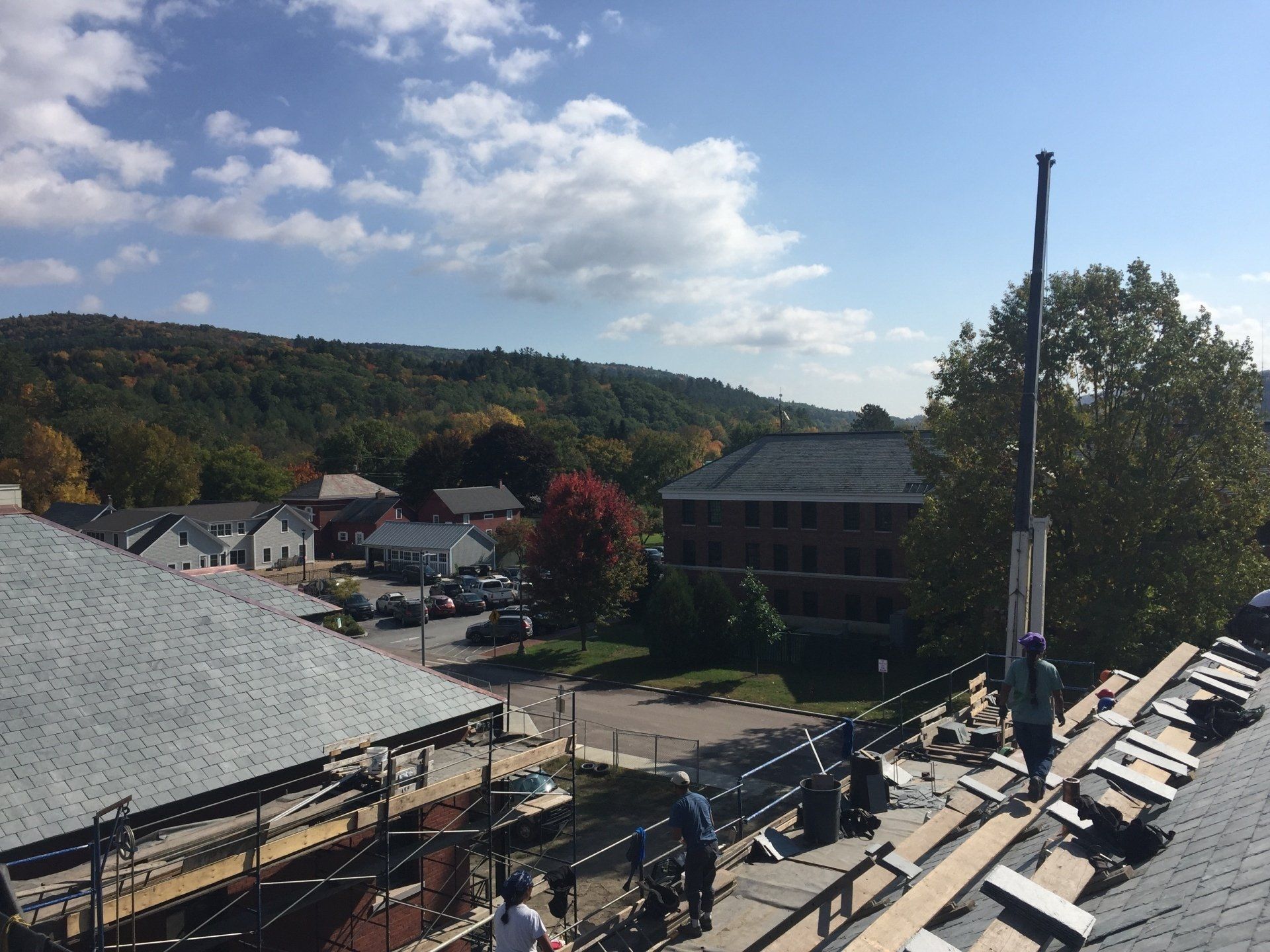 Ariel view of a commercial building getting a new slate roof from Rodd Roofing