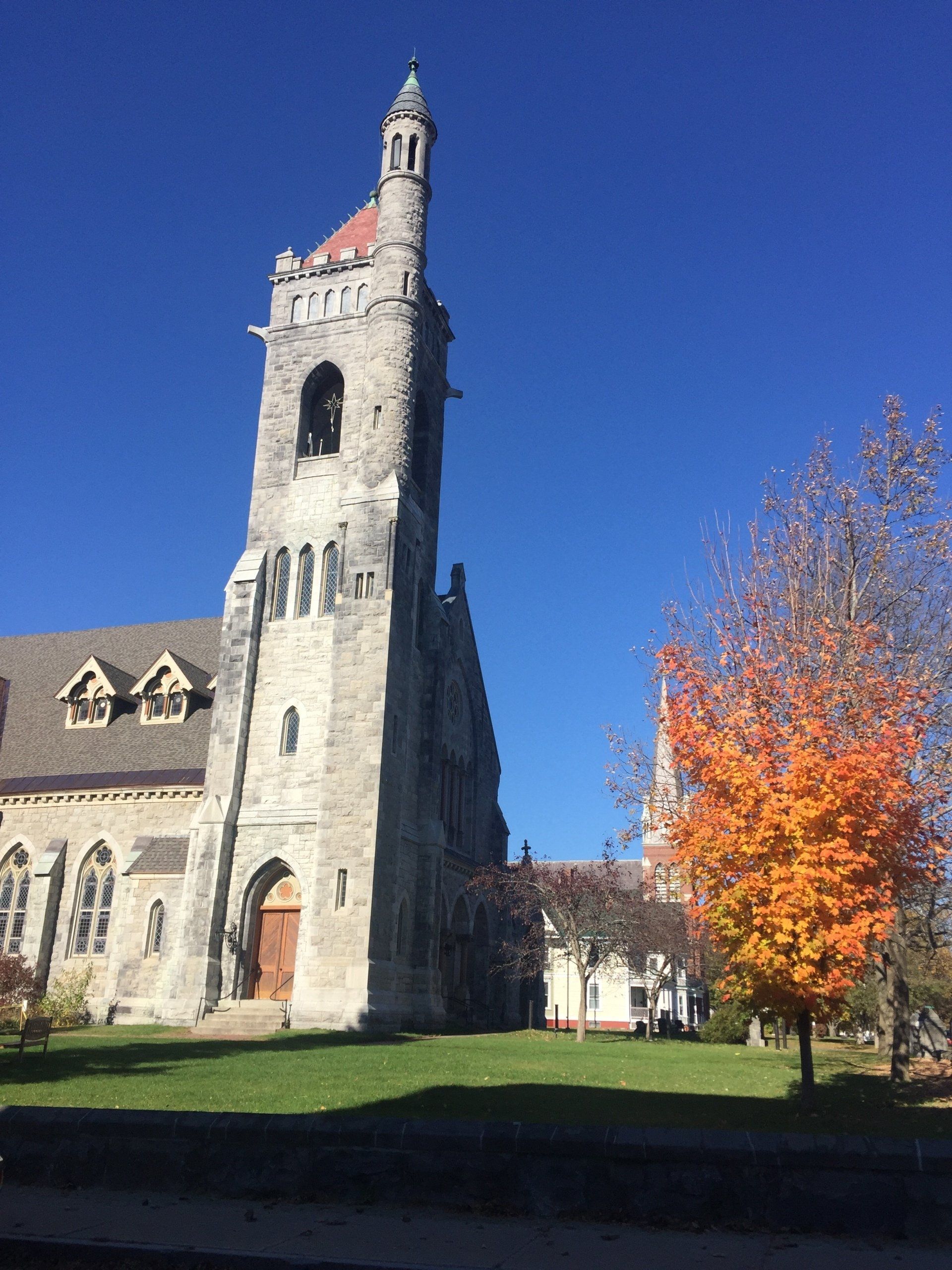 Large stone cathedral with an orange tree in fall with asphalt shingles roof