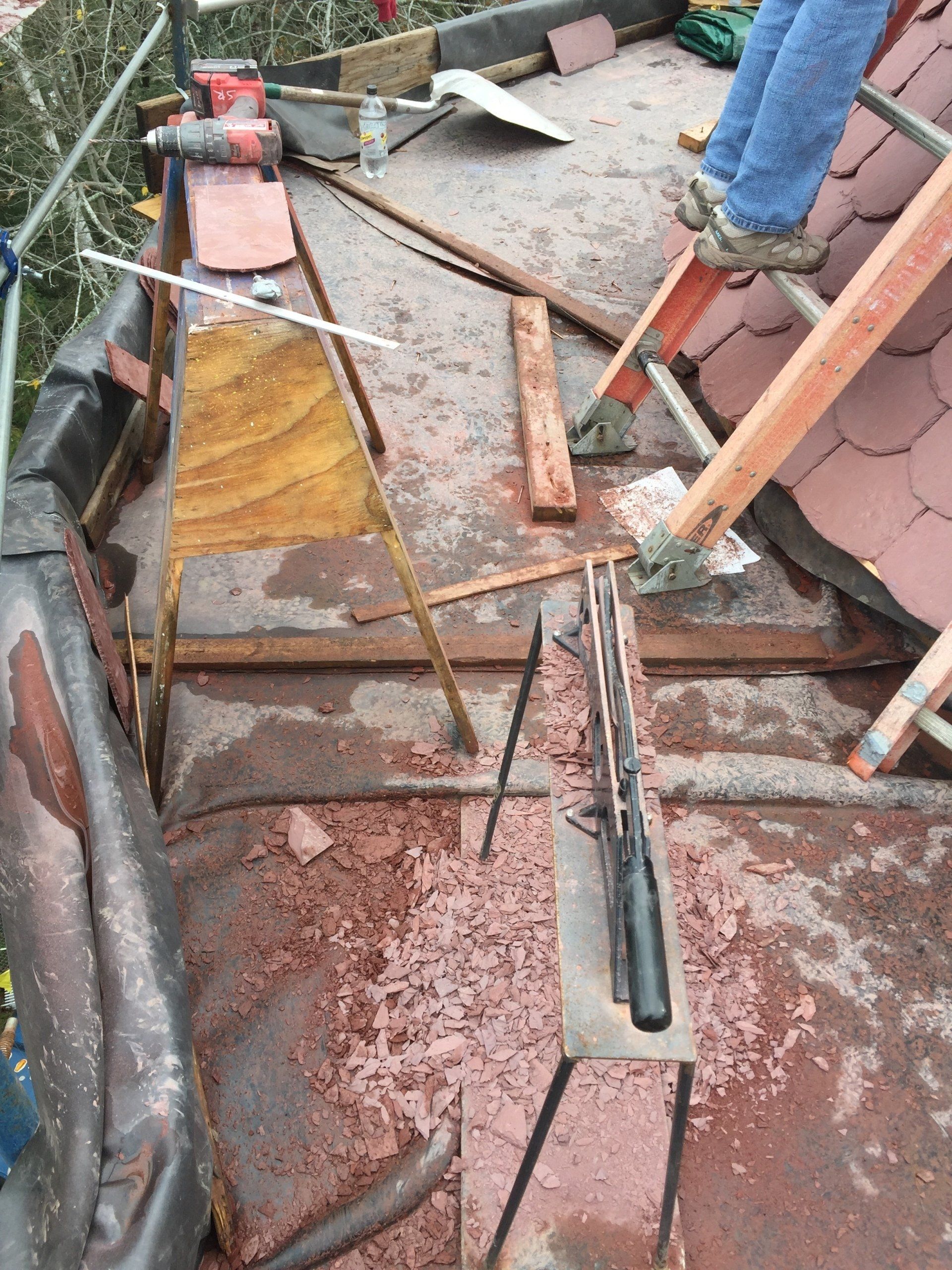 A person is standing on a ladder on top of a roof.