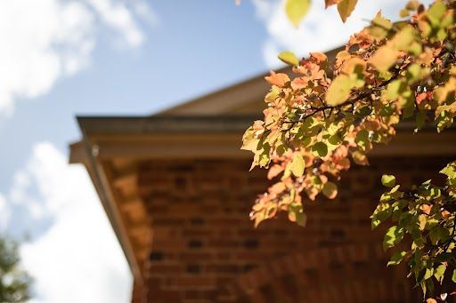 Brick building with autumn leaves against a blue sky.