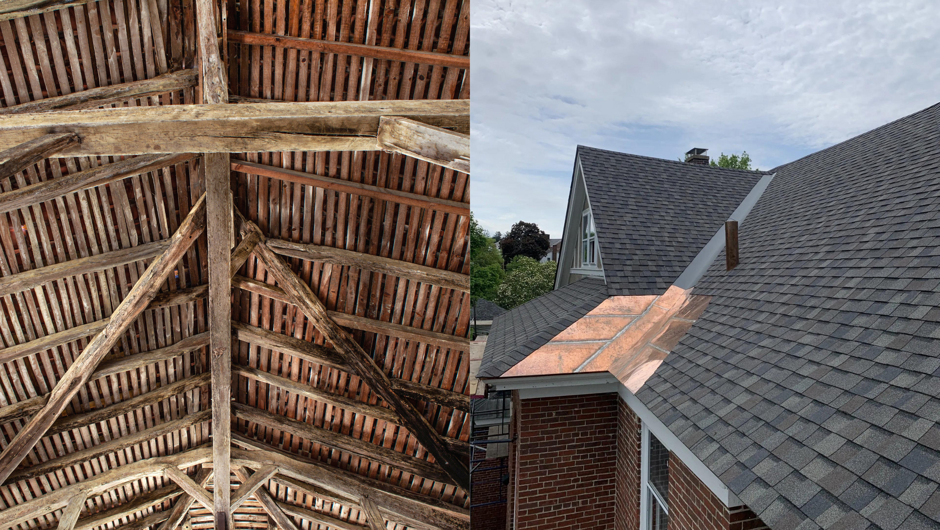 A historical wooden roof next to an image of an asphalt shingle roof installed by Rodd Roofing in VT