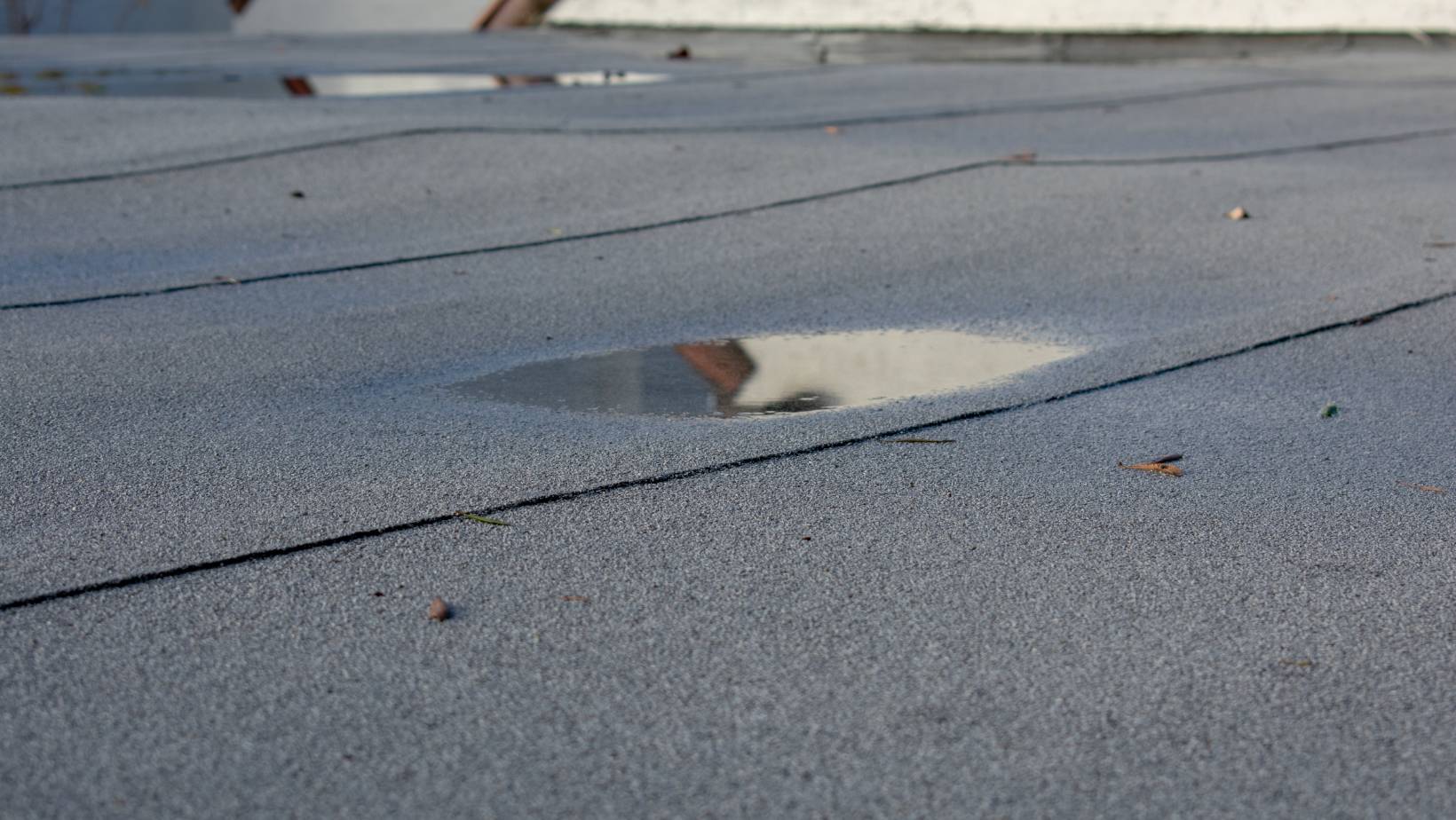 A small puddle of water that has formed on a commercial flat roof with poor drainage. 