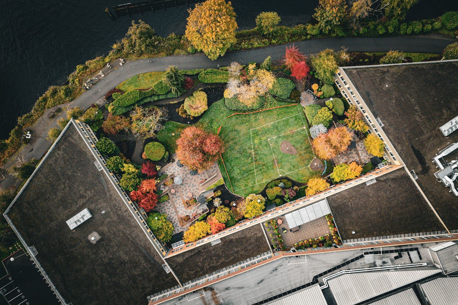 Aerial view of a rooftop garden with trees in autumn colors, green lawn, and a pathway next to water.