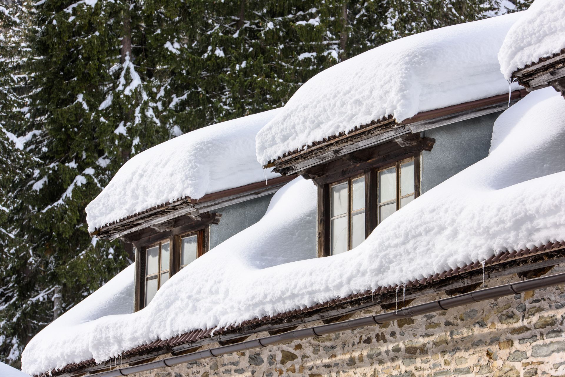 Snow-covered dormer windows on a stone building; evergreen trees in the background.
