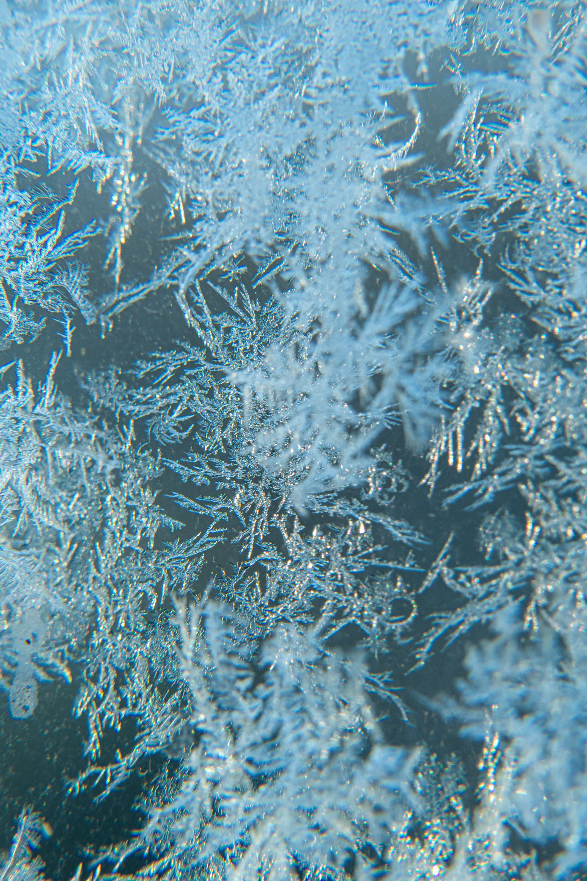 Blue-white frost crystals on a windowpane