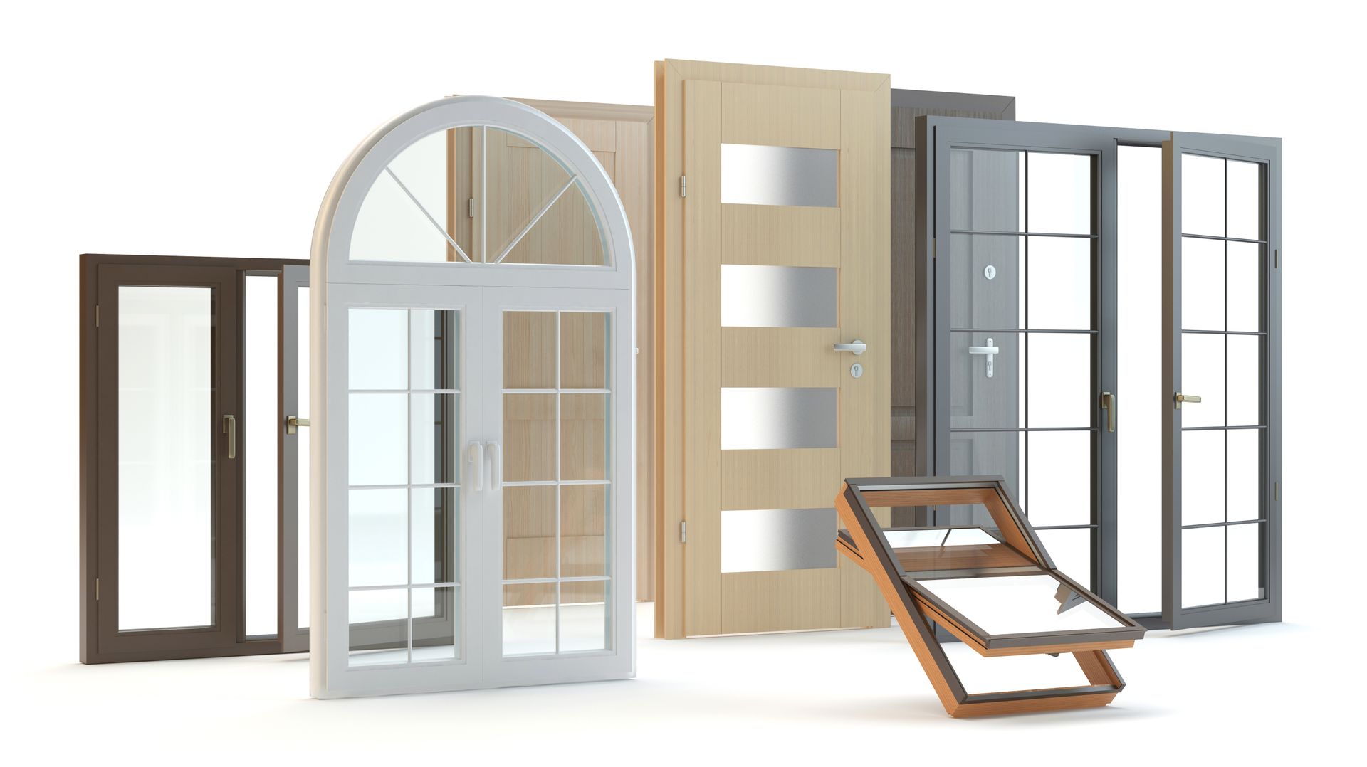 Assortment of doors and windows, various styles and colors, displayed on a white background.