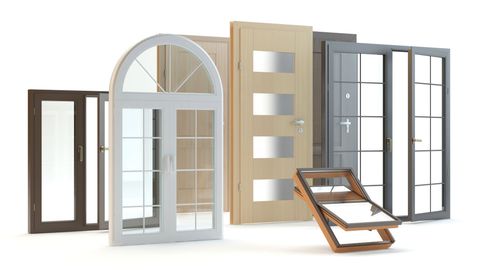 Assortment of doors and windows, various styles and colors, displayed on a white background.