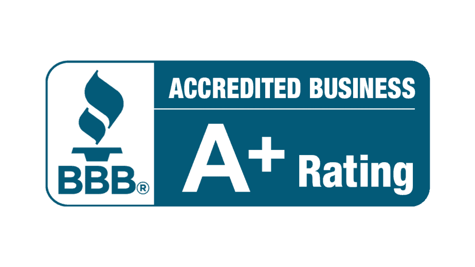 A blue bbb accredited business a + rating logo on a white background.