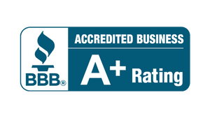 A blue bbb accredited business a + rating logo on a white background.