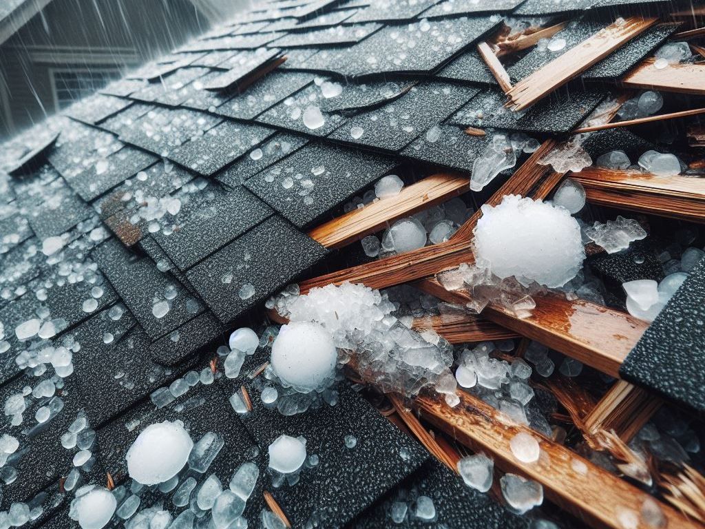 There is a lot of hail on the roof of a house.