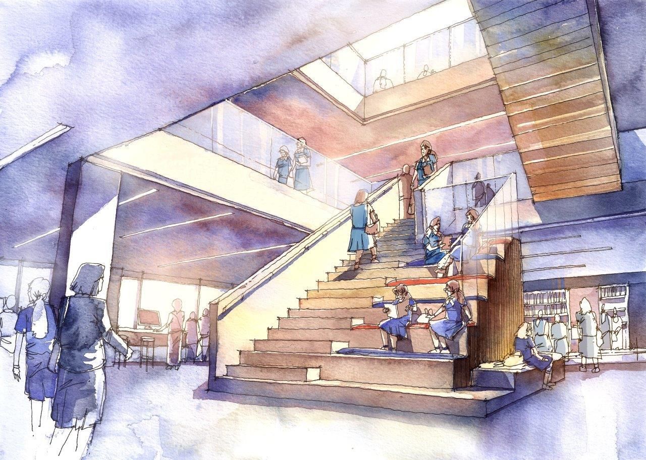 A watercolor painting of people walking down stairs in a building