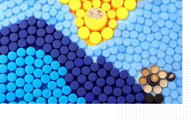 A bunch of blue and yellow circles on a white background