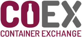 A logo for coex container exchange with a bottle in the middle
