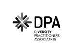 A black and white logo for the diversity practitioners association.