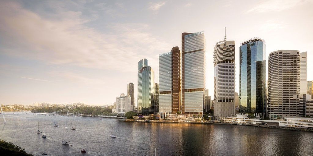 An artist 's impression of a city skyline overlooking a body of water.