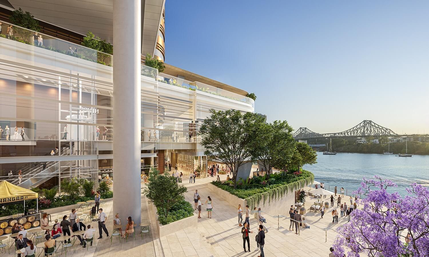 An artist 's impression of a large building next to a body of water.
