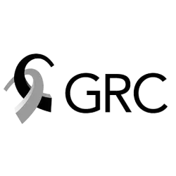 A black and white logo for a company called grc.