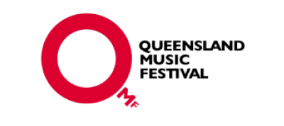 The queensland music festival logo is red and white