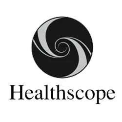 A black and white logo for a company called healthscope