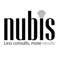 A black and white logo for nubis less consults more results