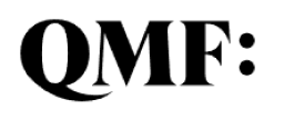 A black and white logo for qmf on a white background.