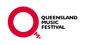 The queensland music festival logo is red and black