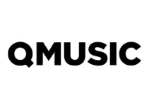 A black and white logo for qmusic on a white background.