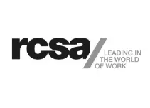 The rcsa logo is black and white and says `` leading in the world of work ''.