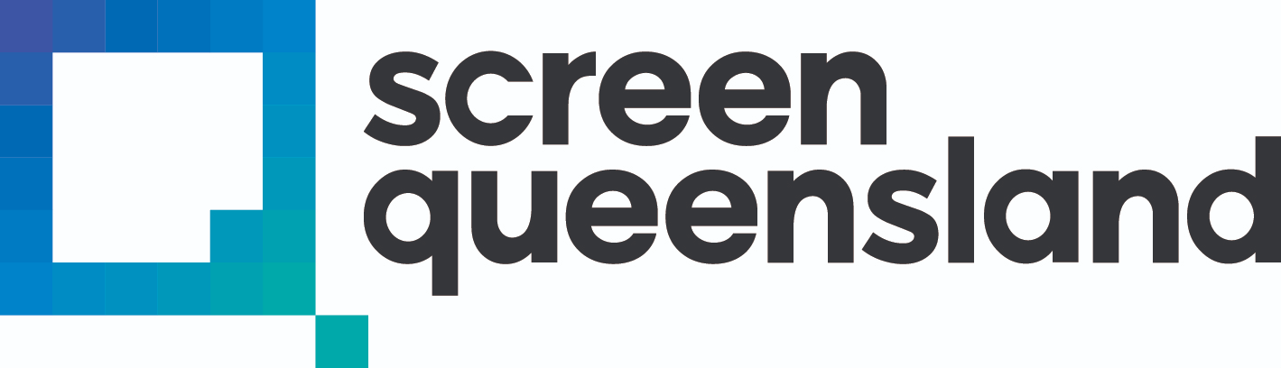 The logo for screen queensland is blue and white with a square in the middle.
