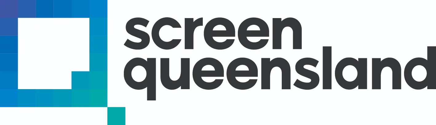 The logo for screen queensland is blue and white with a square in the middle.
