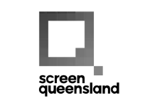 A black and white logo for screen queensland on a white background.