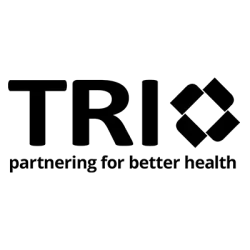 A black and white logo for trio , a company that is partnering for better health.