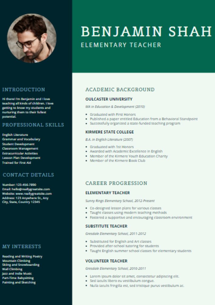 A resume for a benjamin shah elementary teacher