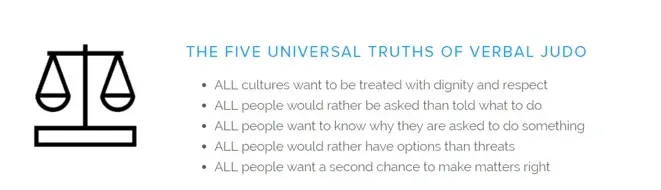 A poster that says the five universal truths of verbal judo