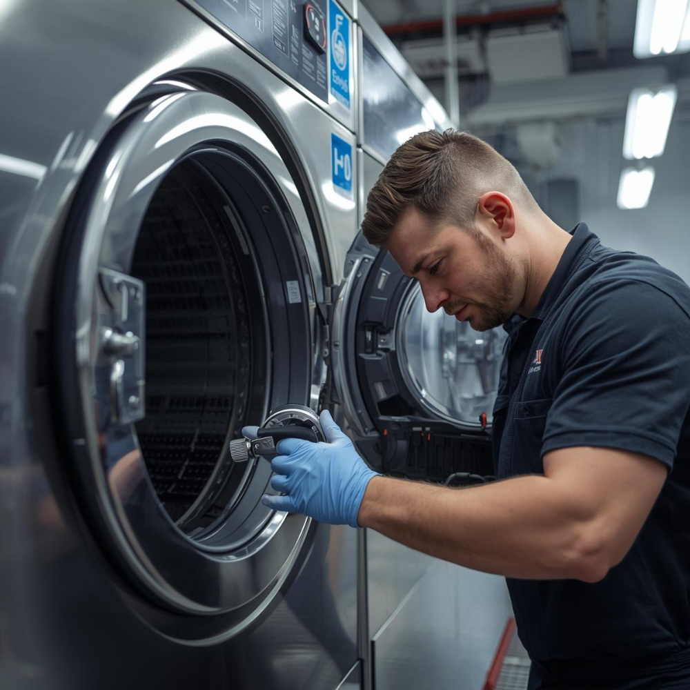 Man in blue gloves, opening a commercial washing machine in a laundry facility.