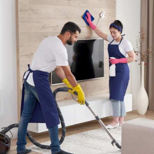 People cleaning a living room. Man vacuums, woman cleans TV with spray and rag. Both wear aprons and gloves.