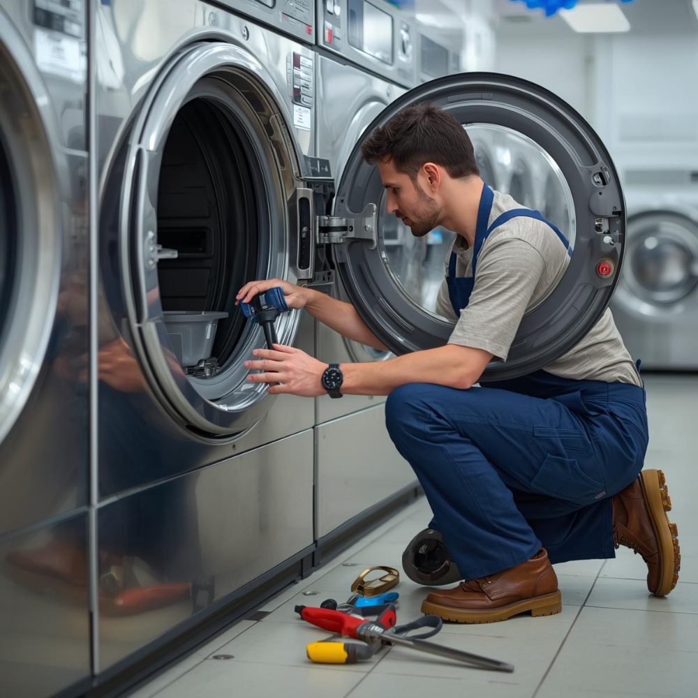 Technician repairing a commercial washing machine; blue work suit, tools, laundromat setting.