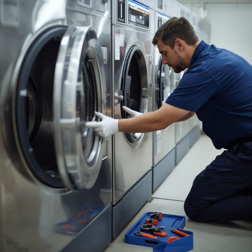 Man in work attire repairing a commercial washing machine. He kneels with tools in front of the machine.