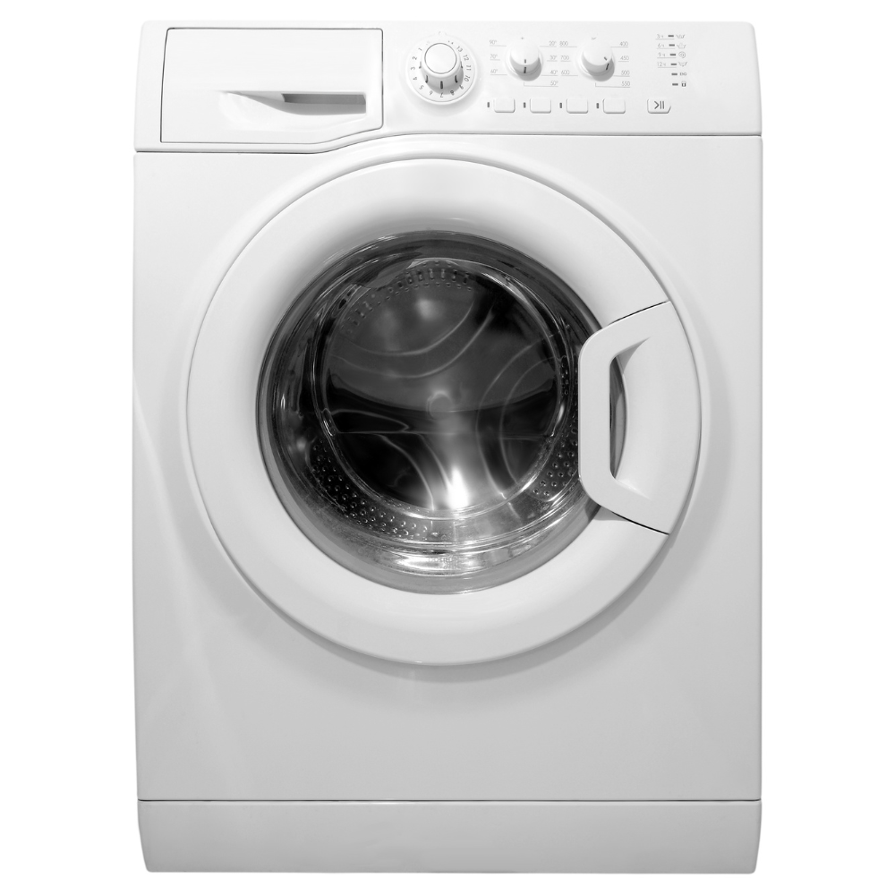 White front-load washing machine with a control panel and round door.