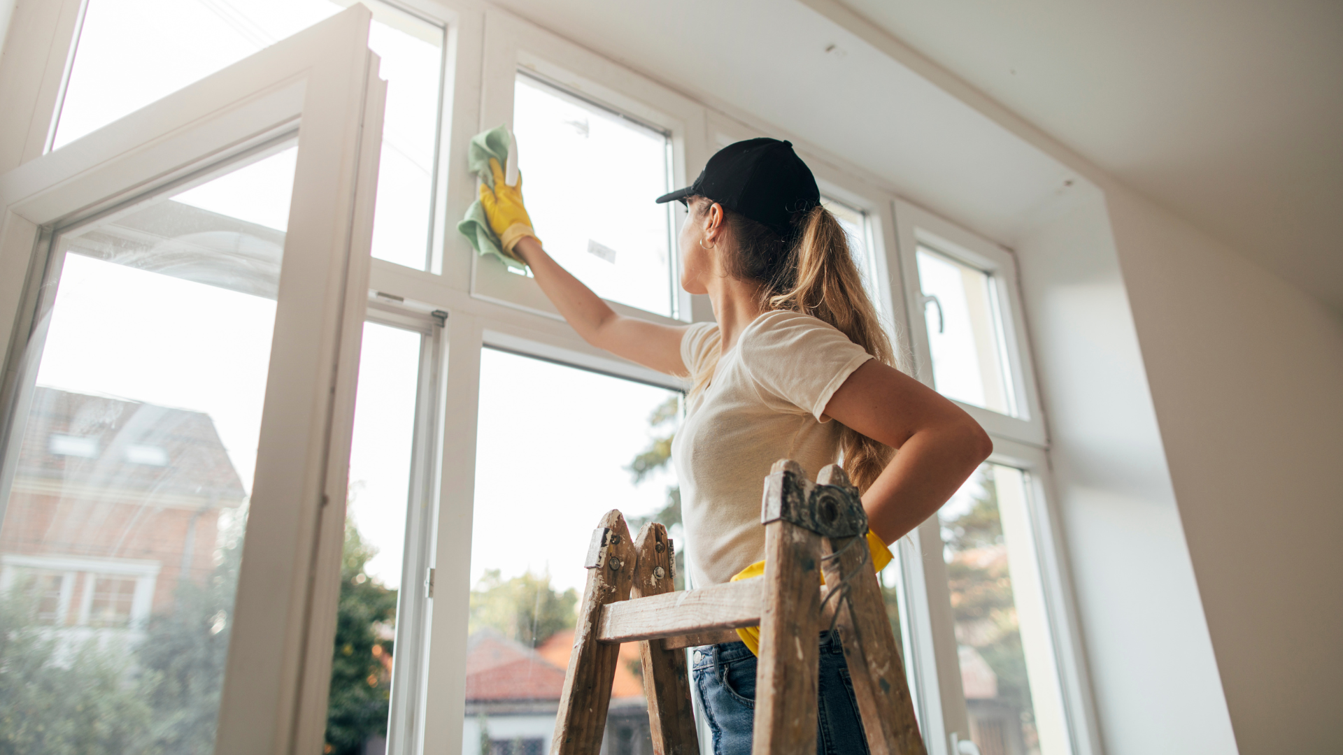Woman cleaning a window with a green cloth, standing on a wooden ladder indoors.