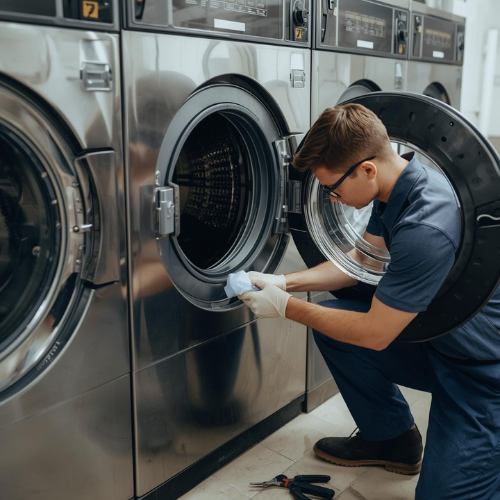 Person cleaning a washing machine in a laundromat, wearing gloves and looking inside.
