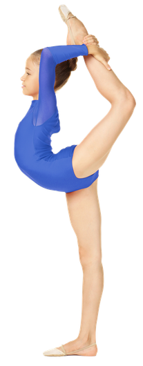 A young girl in a blue leotard is doing a split on a white background.