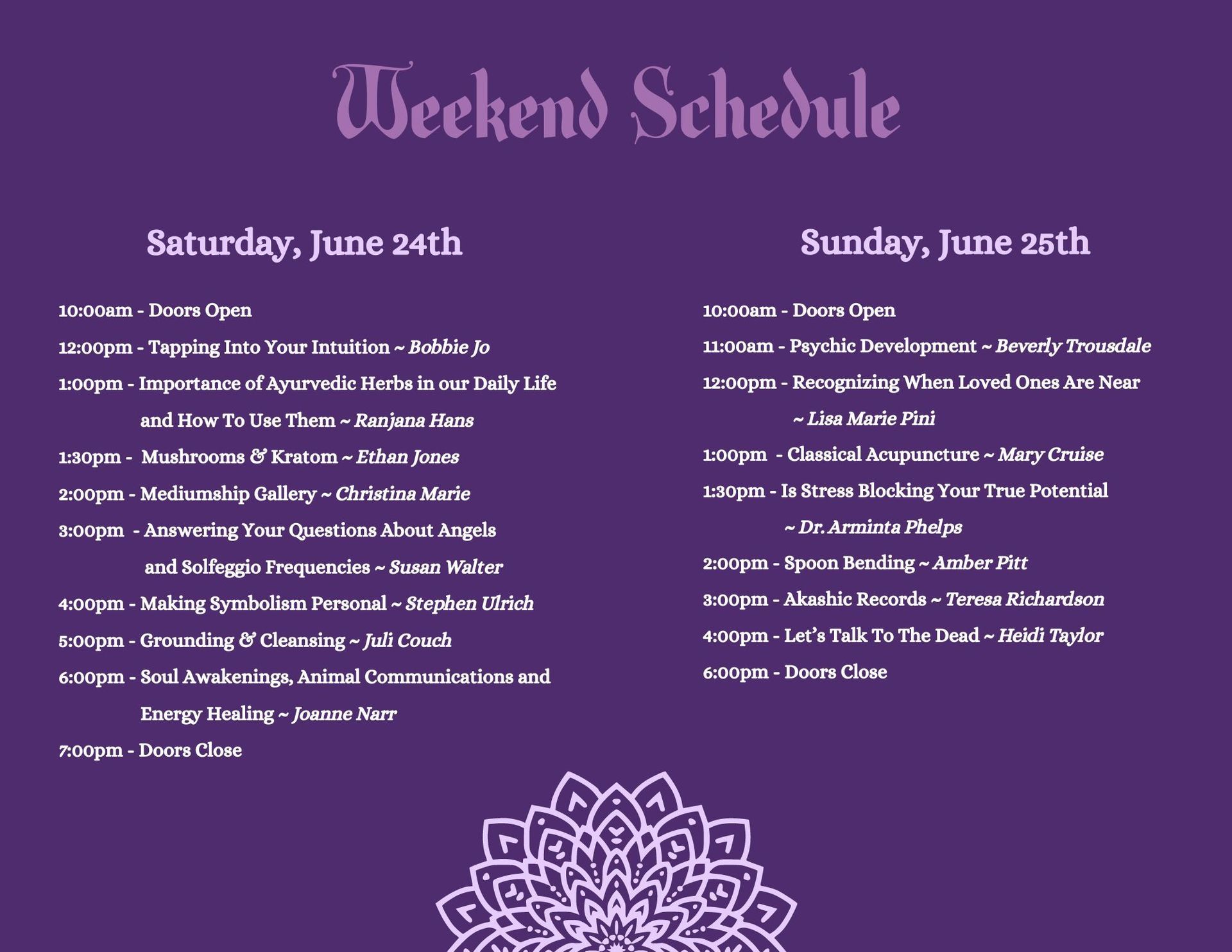 A purple poster with the words weekend schedule on it