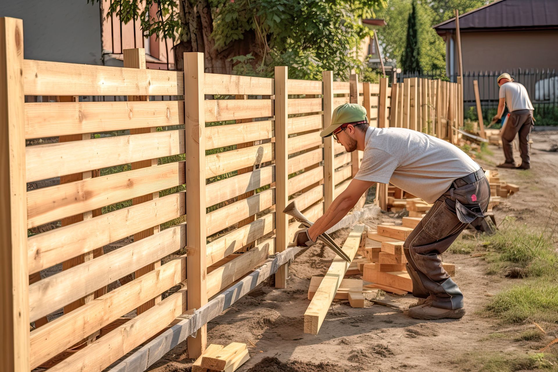 Two workers building a wooden fence along a dirt yard on a sunny day