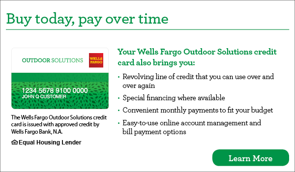 Wells Fargo Outdoor Solutions credit card promotion with card image, benefits list, and a Learn More button.